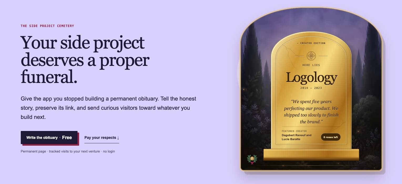 Rip My Build homepage showing its obituary memorial and product introduction