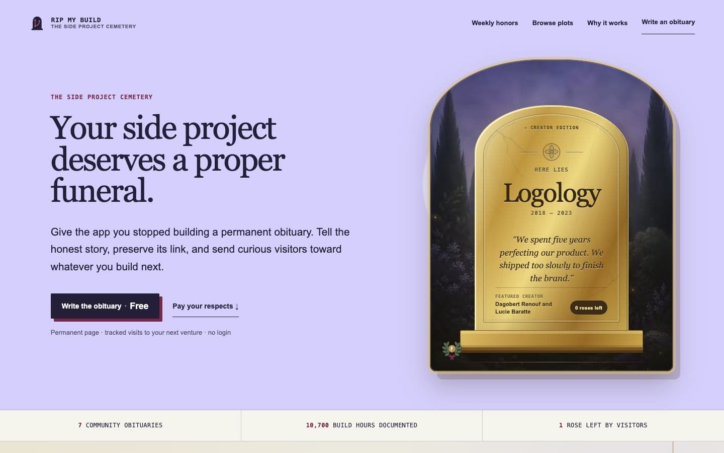 Rip My Build homepage showing its obituary memorial and product introduction