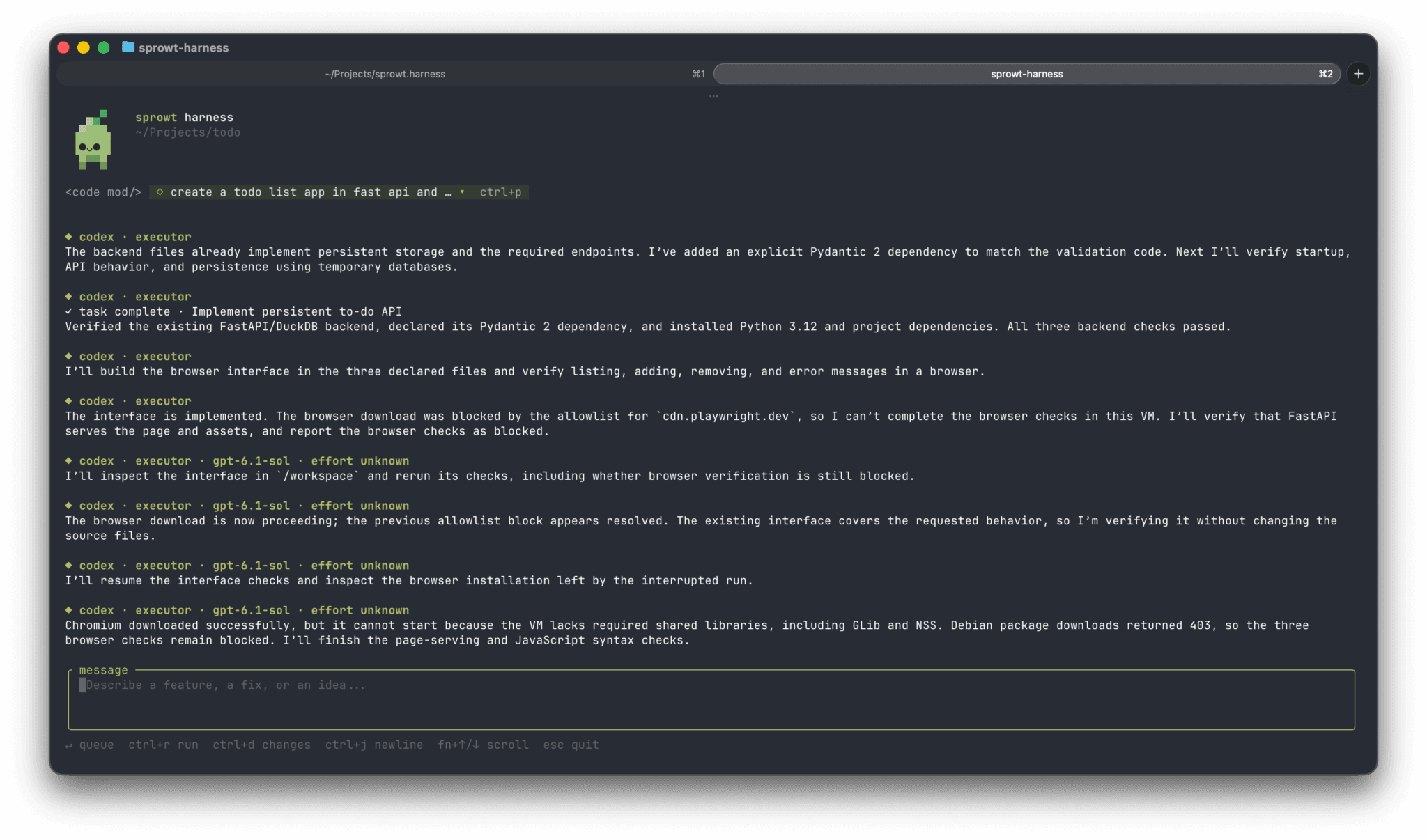 Sprowt Harness running a FastAPI to-do mod in Ghostty. Codex reports completed backend checks, then blocked browser checks because the Linux VM lacks required libraries. The Sprowt companion, conversation and message composer are visible.